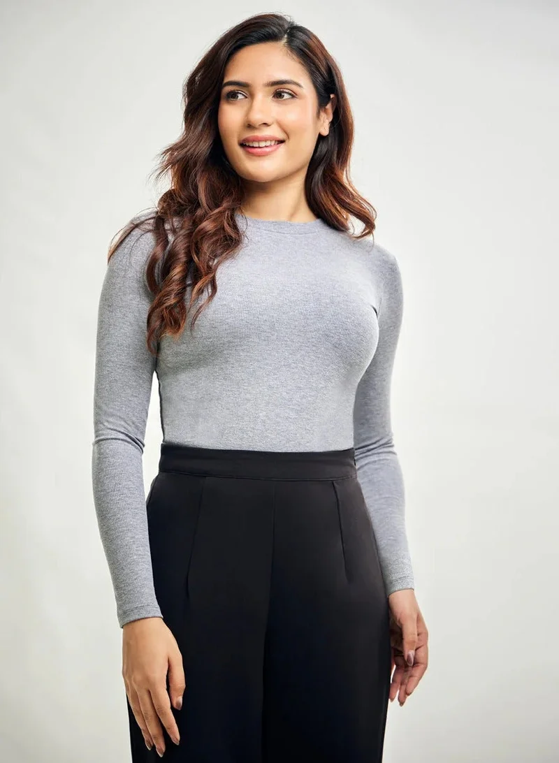 Zigzag Long Sleeve Round Neck Rib Top- Light Grey