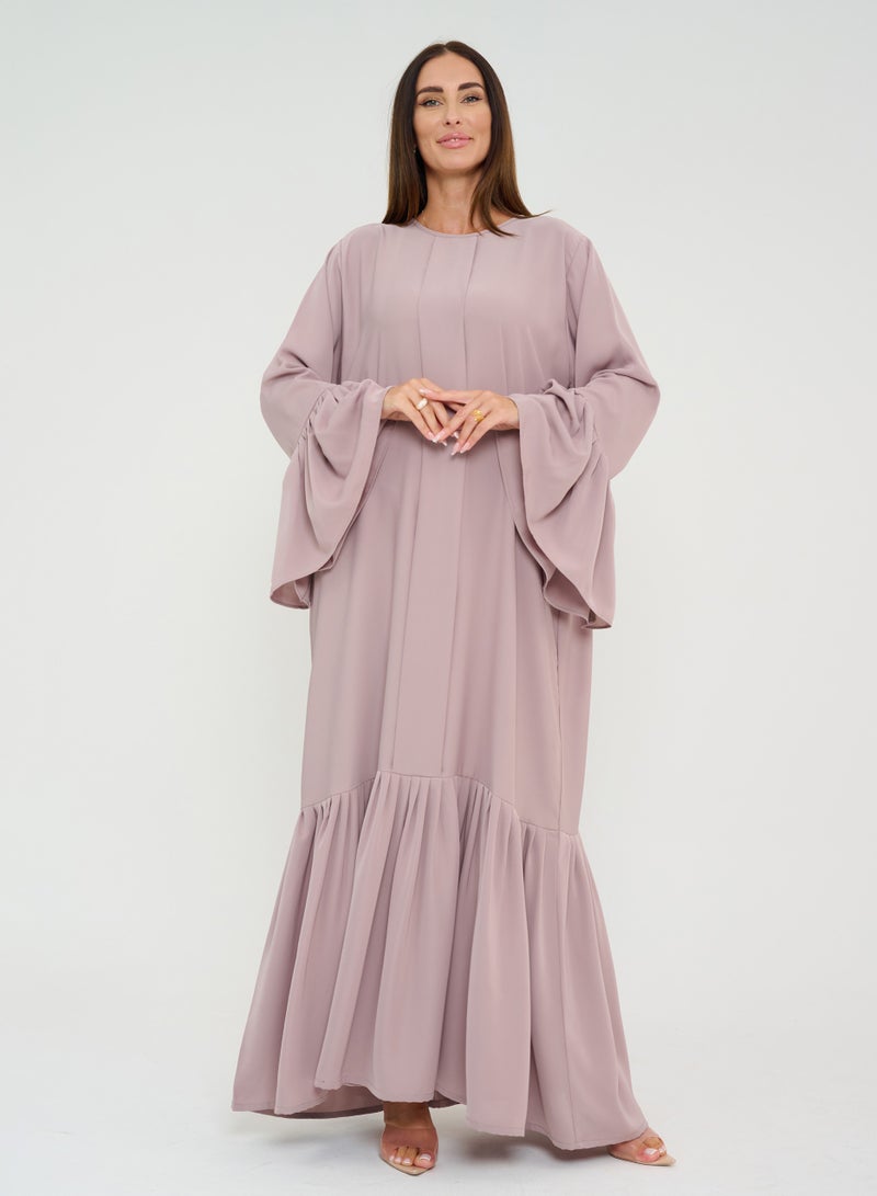 Rosette Abaya Plain Beige Abaya with design - Image 1