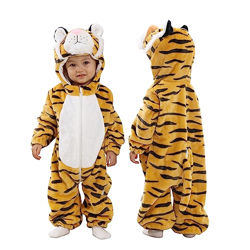 TONWHAR Kids' And Toddlers' Infant Tiger Dinosaur Animal Fancy Dress Costume Outfit Hooded Romper Jumpsuit (18-24 Months/Height:32"-35",Tiger) - Image 1