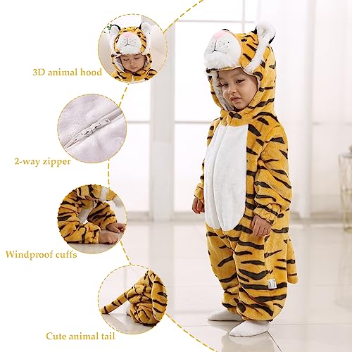 TONWHAR Kids' And Toddlers' Infant Tiger Dinosaur Animal Fancy Dress Costume Outfit Hooded Romper Jumpsuit (18-24 Months/Height:32"-35",Tiger) - Image 2