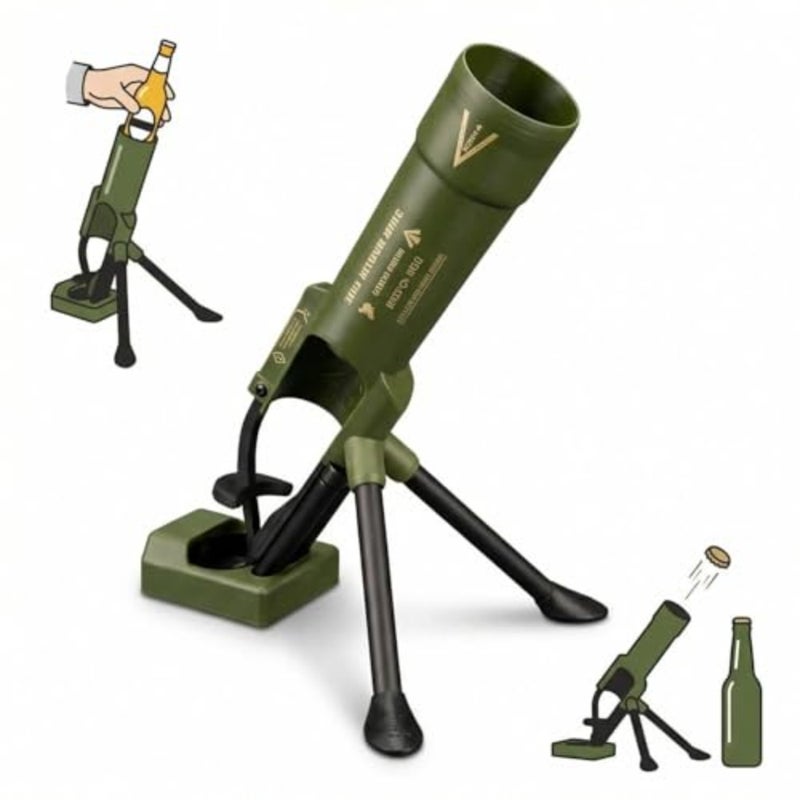 51mm Mortar Bottle Opener, Hands-Free Push Down Cap Launcher, Heavy-Duty Beer Bottle Opener, Funny Mortar-Shaped Bottle Opener with Cap Launcher, Home Bar Desk Decor Gift for Men Dad - Image 1