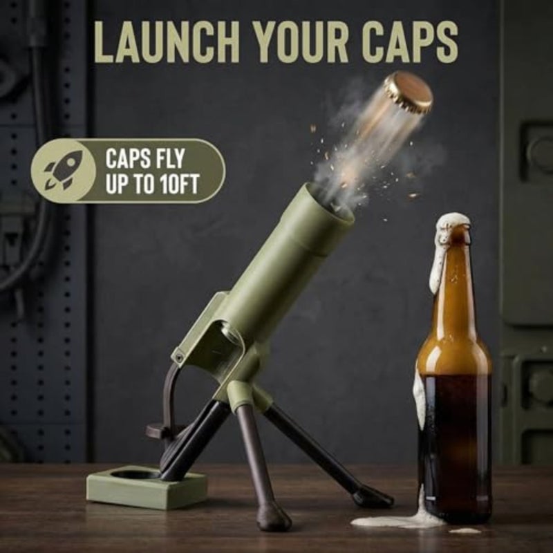 51mm Mortar Bottle Opener, Hands-Free Push Down Cap Launcher, Heavy-Duty Beer Bottle Opener, Funny Mortar-Shaped Bottle Opener with Cap Launcher, Home Bar Desk Decor Gift for Men Dad - Image 3