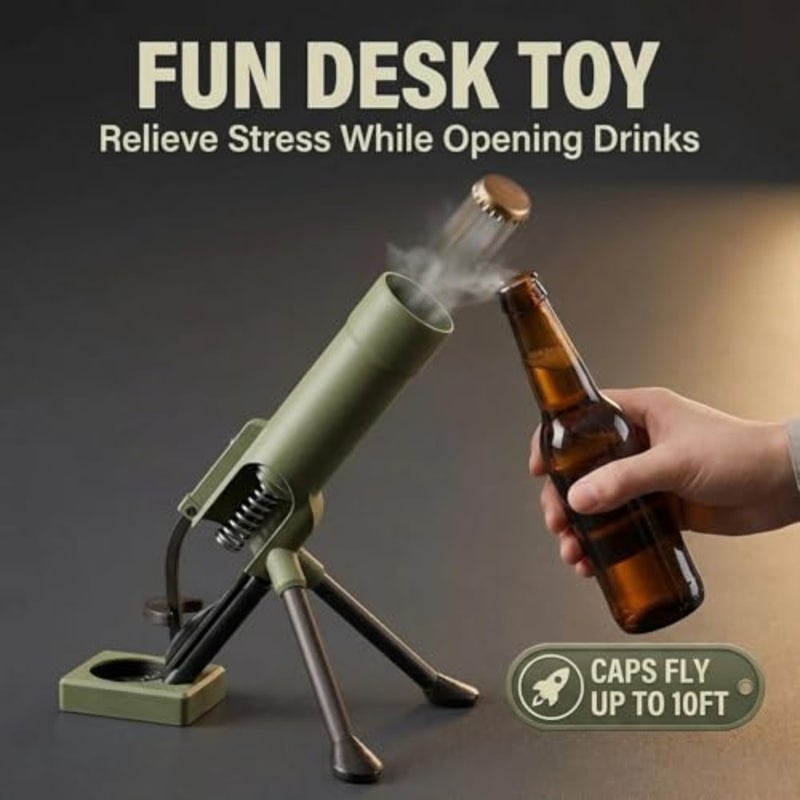 51mm Mortar Bottle Opener, Hands-Free Push Down Cap Launcher, Heavy-Duty Beer Bottle Opener, Funny Mortar-Shaped Bottle Opener with Cap Launcher, Home Bar Desk Decor Gift for Men Dad - Image 2