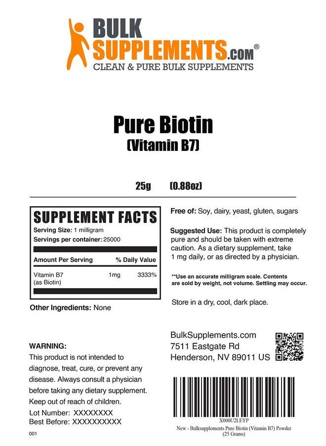 BulkSupplements - Pure Biotin (Vitamin B7) Powder Vegan Biotin Skin Vitamins Nail Growth Hair Vitamins For Thicker Hair Growth Biotin Vitamins For Hair Skin And Nails (25 Grams 0.88 Oz) - Image 1