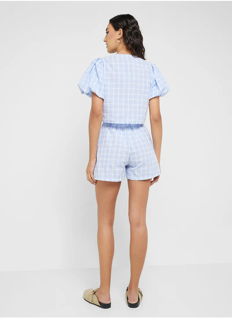 جينجر Gingham Puff Sleeves Bow Tie Up Top & Co-Ord Short Set