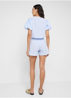 Ginger Gingham Puff Sleeves Bow Tie Up Top & Co-Ord Short Set  - Image 2