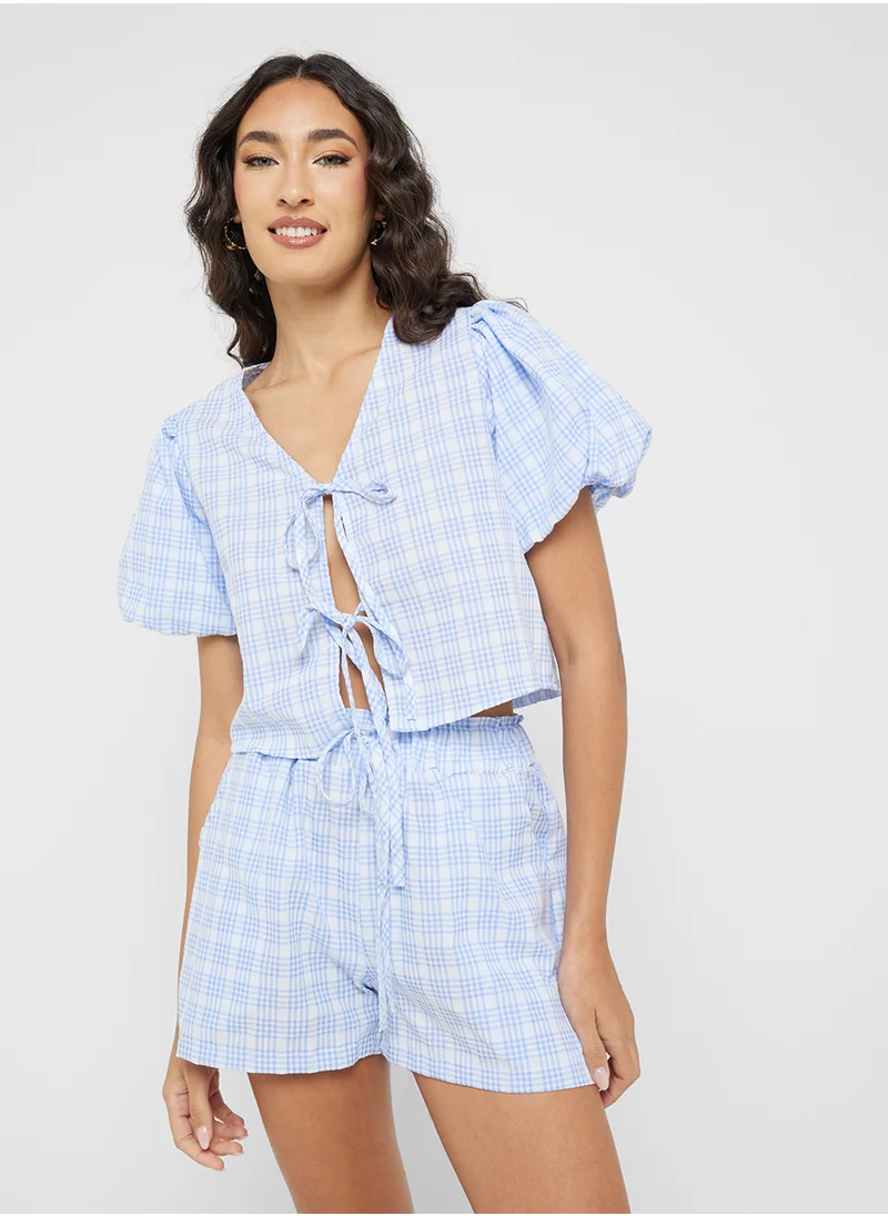 Ginger Gingham Puff Sleeves Bow Tie Up Top & Co-Ord Short Set