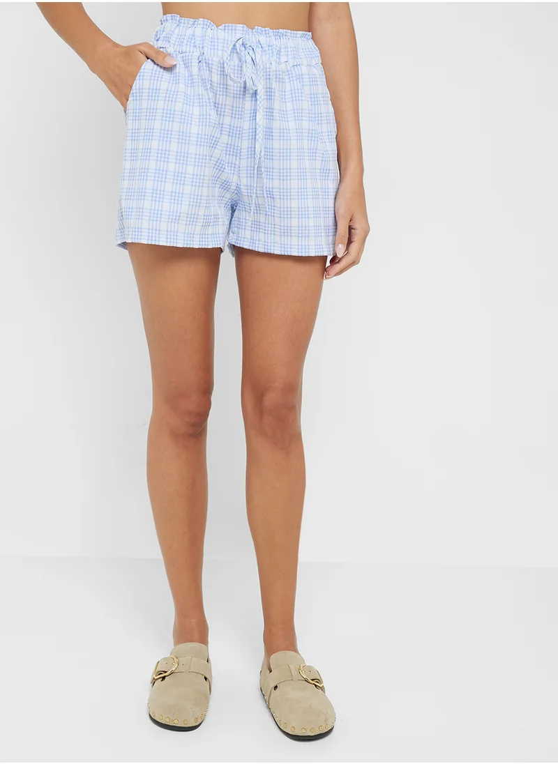 Ginger Gingham Puff Sleeves Bow Tie Up Top & Co-Ord Short Set