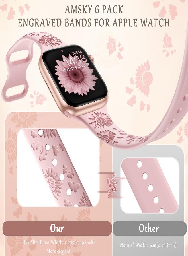 امسكاي مجموعة AMSKY من 6 أساور رفيعة محفورة بنقوش زهرية، متوافقة مع ساعات Apple Watch بمقاسات 40 مم، 41 مم، 42 مم، 38 مم، 44 مم، 45 مم، 46 مم، 49 مم، للنساء. سوار رياضي أنيق من السيليكون لساعات iWatch Series 10 Ultra و9 و8 و7 و6 و5 و4 و3 و2 و1 وSE. - Image 3