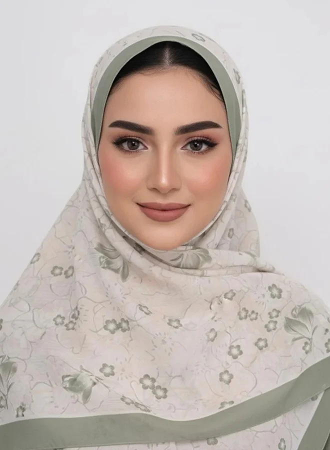 lamha abaya Floral Sage Scarf – Chiffon with a soft floral print in beige × green accents