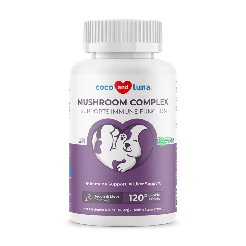 Coco and Luna Mushroom Complex for Dogs - 120 Chewable Tablets - Turkey Tail Mushroom - Immune, Joint, Digestive, and Liver Support with Milk Thistle - Image 1