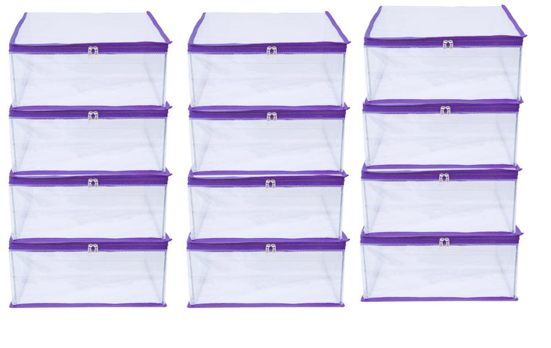 MBW Clothes Organiser for Wardrobe, Saree Covers with zip, Saree Organizer for Wardrobe, Clothes Storage Bag, Saree Bags Storage, Saree Covers for Storage, Transparent (Purple - Pack of 12) - Image 1