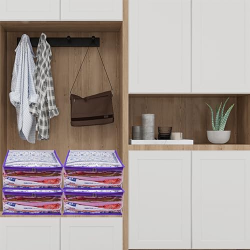 MBW Clothes Organiser for Wardrobe, Saree Covers with zip, Saree Organizer for Wardrobe, Clothes Storage Bag, Saree Bags Storage, Saree Covers for Storage, Transparent (Purple - Pack of 12) - Image 5