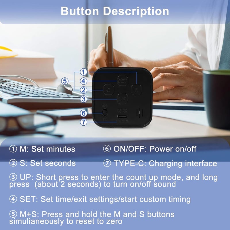 Cuteefun Cube Visual Timer, Rotation Pomodoro Timer, 5/10/25/50 Minutes & Custom Countdown, Customizable Time Storage, Mute & Ring Mode, USB C Rechargeable, for Kitchen, Meetings, Desk, Study, Black - Image 4