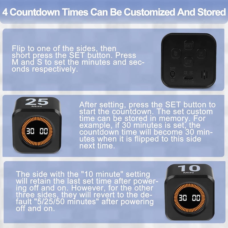 Cuteefun Cube Visual Timer, Rotation Pomodoro Timer, 5/10/25/50 Minutes & Custom Countdown, Customizable Time Storage, Mute & Ring Mode, USB C Rechargeable, for Kitchen, Meetings, Desk, Study, Black - Image 3