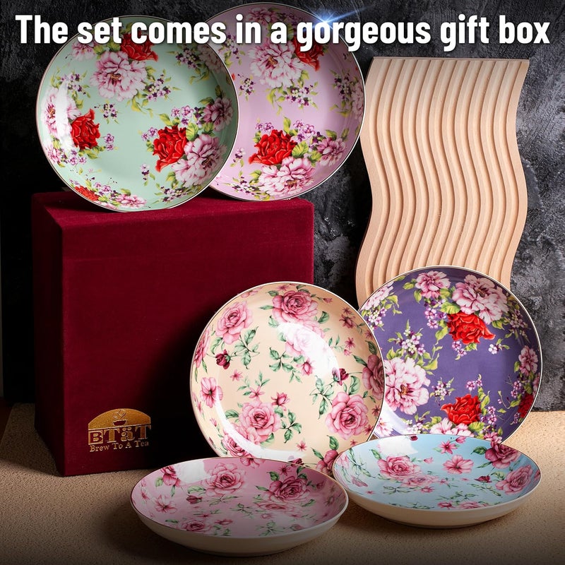 Brew To A Tea Floral Dessert Plates Ceramic Set of 6 8 Inch Assorted Colors with Golden Rim Deep Porcelain Floral Plates with Gift Box Dishwasher Safe - Image 5