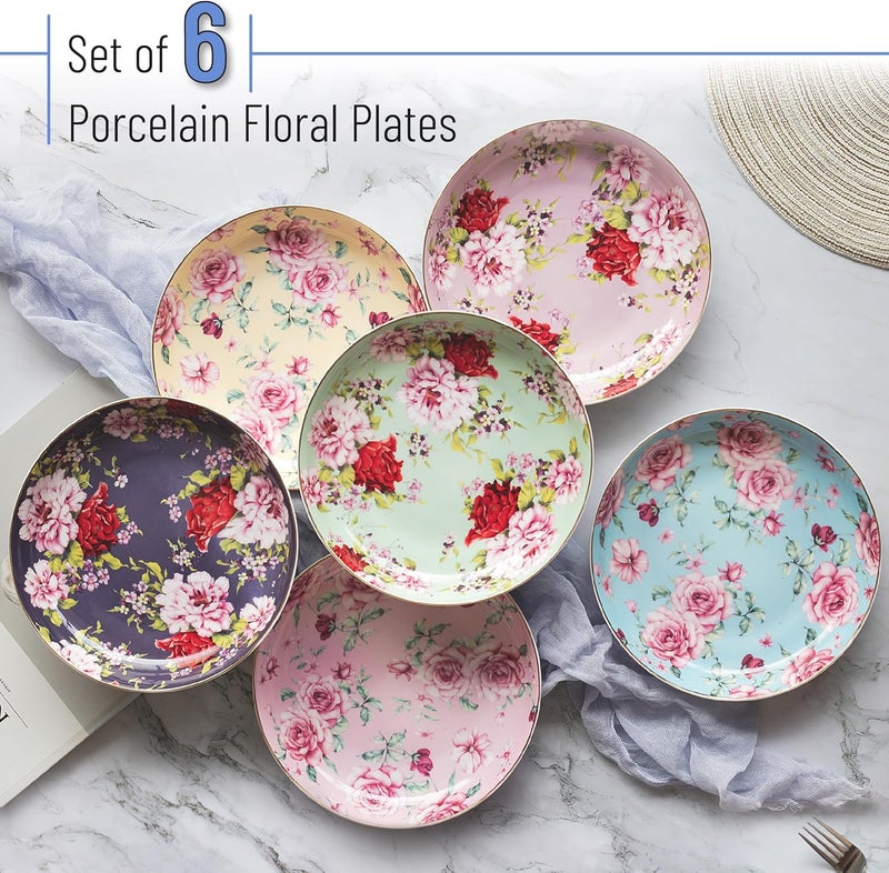 Brew To A Tea Floral Dessert Plates Ceramic Set of 6 8 Inch Assorted Colors with Golden Rim Deep Porcelain Floral Plates with Gift Box Dishwasher Safe - Image 2