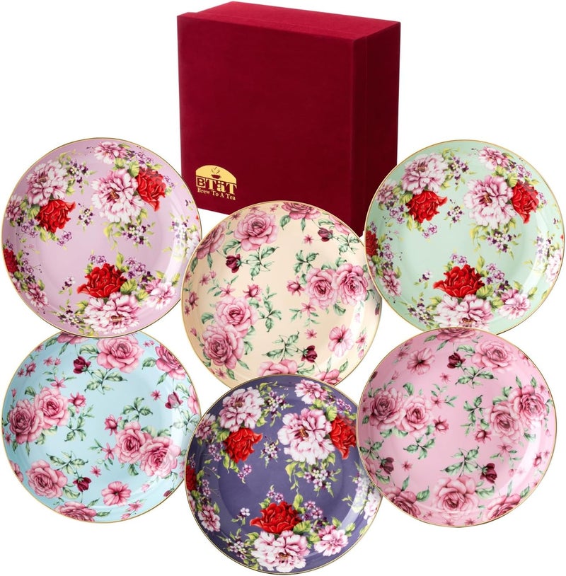 Brew To A Tea Floral Dessert Plates Ceramic Set of 6 8 Inch Assorted Colors with Golden Rim Deep Porcelain Floral Plates with Gift Box Dishwasher Safe - Image 1