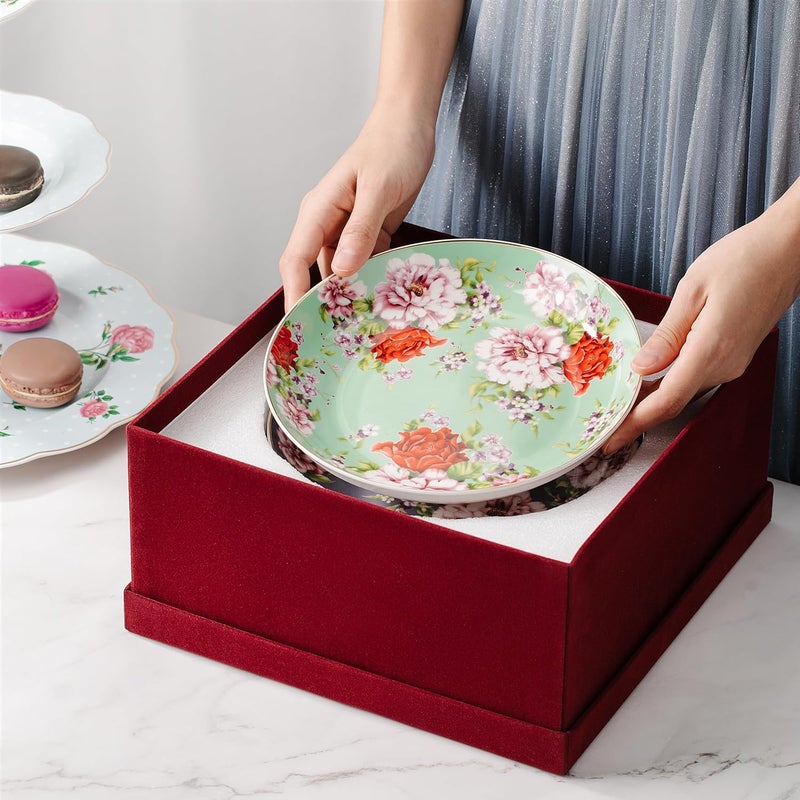 Brew To A Tea Floral Dessert Plates Ceramic Set of 6 8 Inch Assorted Colors with Golden Rim Deep Porcelain Floral Plates with Gift Box Dishwasher Safe - Image 4