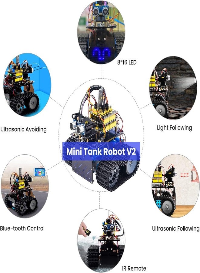 KEYESTUDIO Mini Tank Kit V2 Smart Car for Arduino, IR Infrared and App Remote Control (iOS and Android), Light and Ultrasonic Follow, 8X16 LED Panel, Ultrasonic Obstacle Avoidance,15+ - Image 4