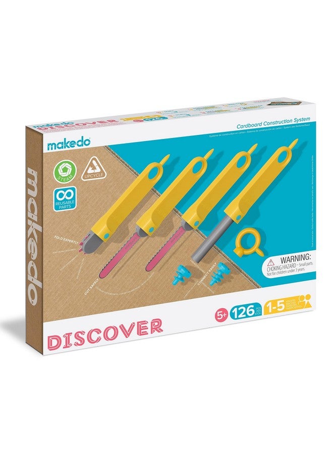 Makedo Discover | 126 Piece Cardboard Construction Toolbox For 1-5 Makers | Stem And Steam Educational Toys For Kids | At Home Play + Classroom Learning | Reusable Tools For Boys And Girls Age 5+ - Image 1