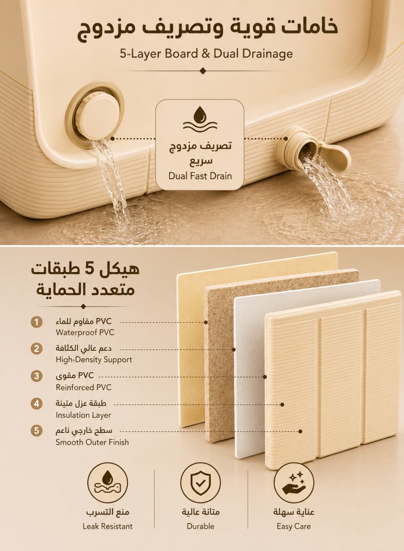 RUIYADA 1.5M Foldable Bathtub for Adults, Portable Home Spa Soaking Tub with Wide Space, Front Support Frame, Dual Drainage and 5-Layer Structure, Space Saving Bath Tub for Hot Bath, Ice Bath, Bathroom and Gym, Champagne Beige - Image 3