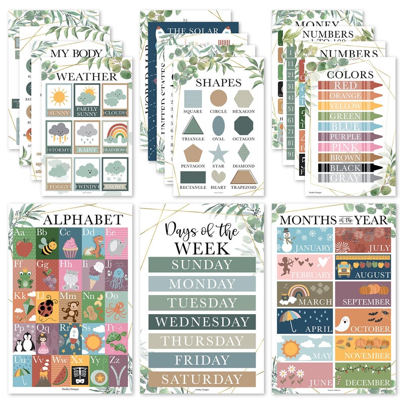 Hadley Designs 16 Educational Posters for Toddlers 13 Laminated Toddler Learning Posters for Preschool Kindergarten ABC Chart Numbers Colors Shapes Days of The Week Greenery Classroom Decor
