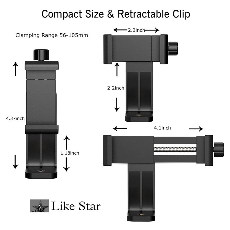 Like Star حامل هاتف محمول بزاوية 360° مع مشبك قابل للتعديل ببرغي عالمي 1/4 مثبت ثلاثي القوائم متوافق مع الهواتف الذكية وعصي السيلفي (أسود) - Image 5