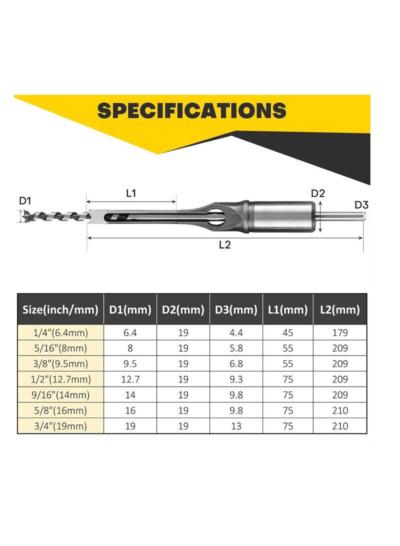 KASTWAVE Square Hole Drill Bit Set 7 Pack High-Speed Steel Woodworking Mortise Chisel Bits 1/4” 5/16“ 3/8" 1/2" 9/16" 5/8" 3/4" for Precise Square Hole Drilling - Image 2
