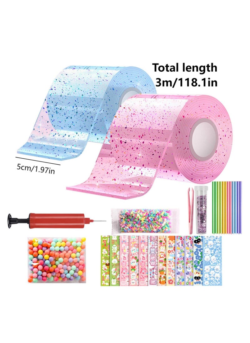 Bebiland - 2 Pcs Nano Tape Bubbles Kit,with Straws Glitter Double-Sided Tape Bubble Balloons Elastic Magic Plastic Bubbles DIY Craft Gifts for Party Birthday Fidget Toys Gift (Blue and Pink) - Image 1