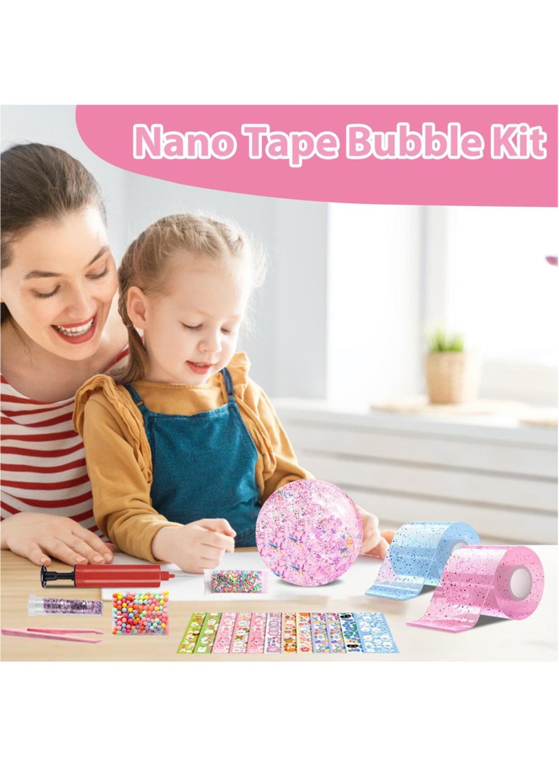 Bebiland - 2 Pcs Nano Tape Bubbles Kit,with Straws Glitter Double-Sided Tape Bubble Balloons Elastic Magic Plastic Bubbles DIY Craft Gifts for Party Birthday Fidget Toys Gift (Blue and Pink) - Image 1