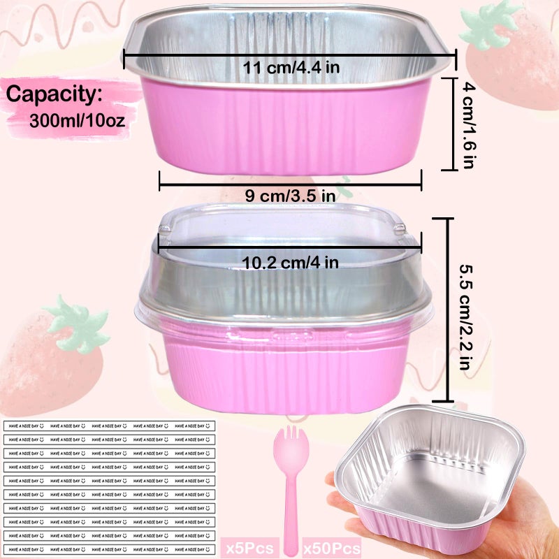 BZIDII 10oz Mini Cake Pans With Lids 50 Pack Aluminum Foil Square Brownie Baking Cups,4â€x4â€ Disposable Loaf Pans With Lids and Spoons Stickers,Large Cupcake Pans Muffin Cake Tins Cake Container(Pink) - Image 2