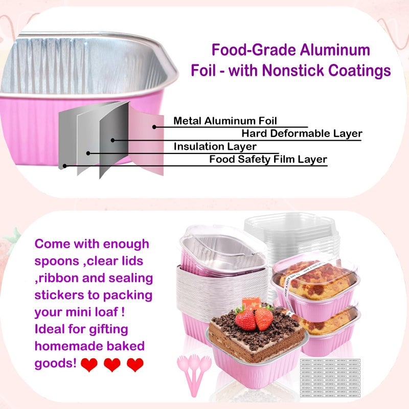 BZIDII 10oz Mini Cake Pans With Lids 50 Pack Aluminum Foil Square Brownie Baking Cups,4â€x4â€ Disposable Loaf Pans With Lids and Spoons Stickers,Large Cupcake Pans Muffin Cake Tins Cake Container(Pink) - Image 4