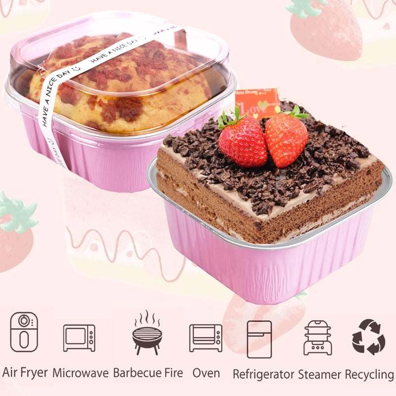 BZIDII 10oz Mini Cake Pans With Lids 50 Pack Aluminum Foil Square Brownie Baking Cups,4â€x4â€ Disposable Loaf Pans With Lids and Spoons Stickers,Large Cupcake Pans Muffin Cake Tins Cake Container(Pink) - Image 3