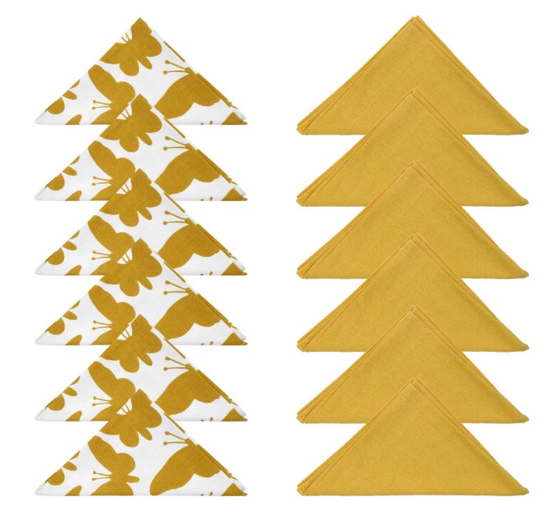 Dekor World Cotton Yellow Butterfly Printed and Solid Napkin Set (Pack of 12) - Image 1