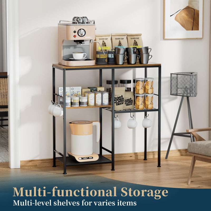 Consumest Microwave Stand, Adjustable Coffee Bar Cabinet, Multifunctional Pan Organizer with 6 Hooks and 3 Shelves, Bakers Rack for Shovel, Pots, Fruits, Vegetables, Brown&Black - Image 2