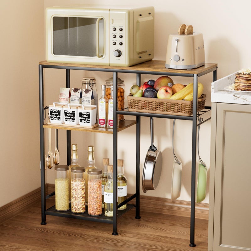 Consumest Microwave Stand, Adjustable Coffee Bar Cabinet, Multifunctional Pan Organizer with 6 Hooks and 3 Shelves, Bakers Rack for Shovel, Pots, Fruits, Vegetables, Brown&Black - Image 1