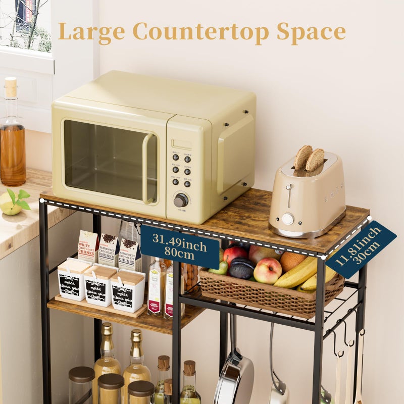 Consumest Microwave Stand, Adjustable Coffee Bar Cabinet, Multifunctional Pan Organizer with 6 Hooks and 3 Shelves, Bakers Rack for Shovel, Pots, Fruits, Vegetables, Brown&Black - Image 4