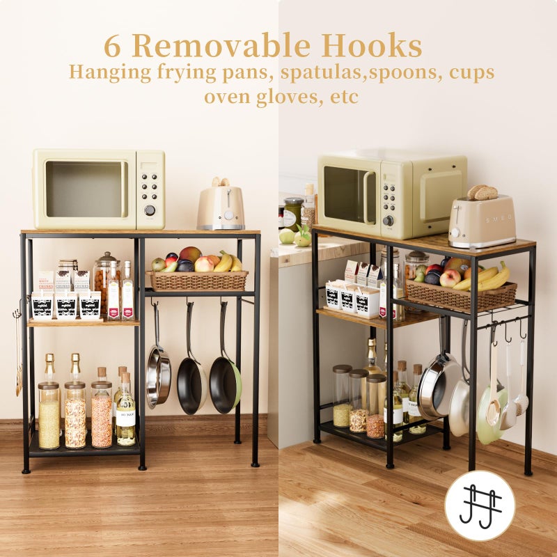 Consumest Microwave Stand, Adjustable Coffee Bar Cabinet, Multifunctional Pan Organizer with 6 Hooks and 3 Shelves, Bakers Rack for Shovel, Pots, Fruits, Vegetables, Brown&Black - Image 5