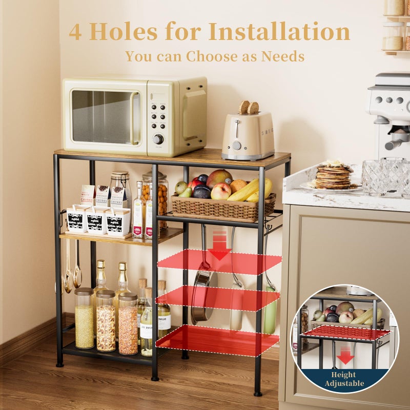 Consumest Microwave Stand, Adjustable Coffee Bar Cabinet, Multifunctional Pan Organizer with 6 Hooks and 3 Shelves, Bakers Rack for Shovel, Pots, Fruits, Vegetables, Brown&Black - Image 3