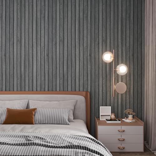 CHIHUT 17.7”x236” Black Wooden Slat Peel and Stick Wallpaper Wood Grain Contact Paper Self Adhesive Faux Wall Panel Wallpaper Removable Wood Wall Covering for Bedroom Countertops Cabinets Shelf Liner - Image 2