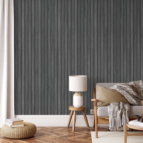 CHIHUT 17.7”x236” Black Wooden Slat Peel and Stick Wallpaper Wood Grain Contact Paper Self Adhesive Faux Wall Panel Wallpaper Removable Wood Wall Covering for Bedroom Countertops Cabinets Shelf Liner - Image 3