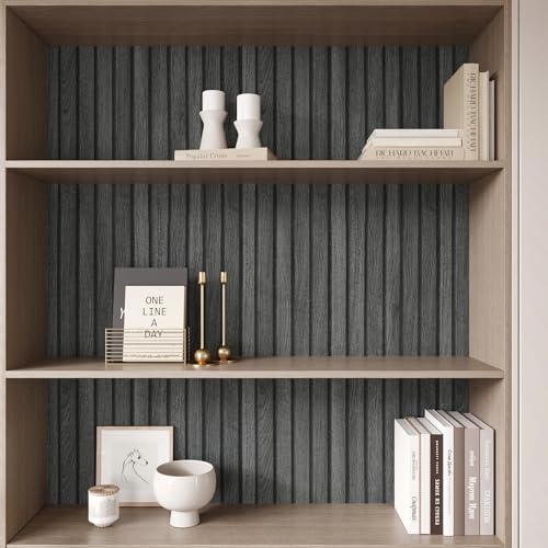 CHIHUT 17.7”x236” Black Wooden Slat Peel and Stick Wallpaper Wood Grain Contact Paper Self Adhesive Faux Wall Panel Wallpaper Removable Wood Wall Covering for Bedroom Countertops Cabinets Shelf Liner - Image 5