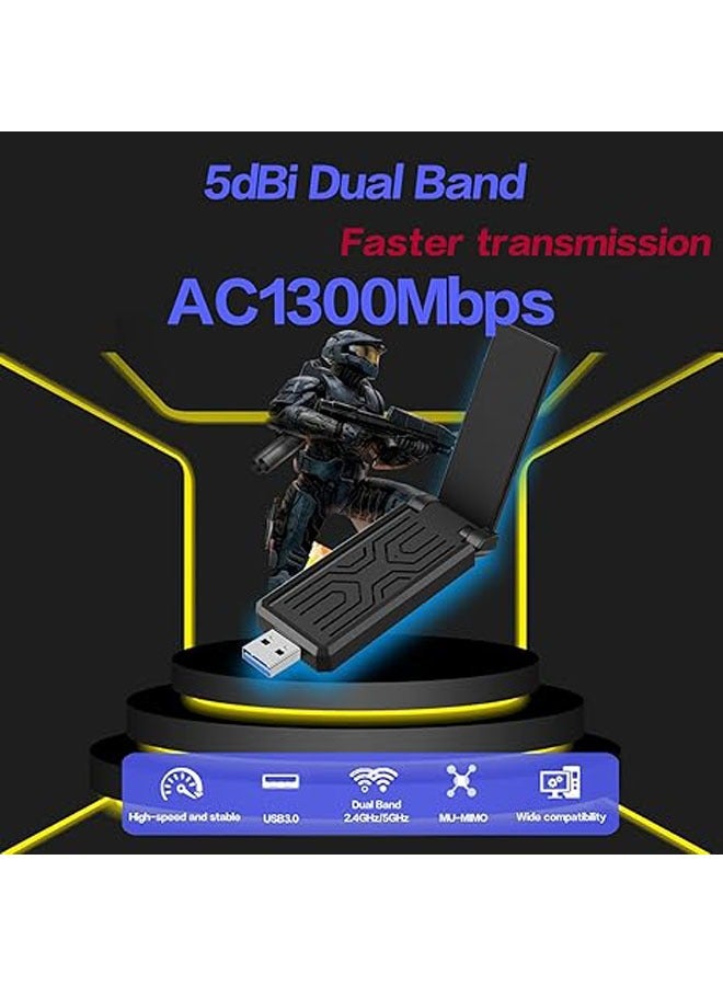General PC WiFi Adapter, USB WiFi Antenna, Long Range AC1300Mbps Desktop PC WiFi Adapter, High Gain Dual Band 5dBi Antenna, USB 3.0, 2.4GHz/5GHz, Windows Compatible  - Image 2