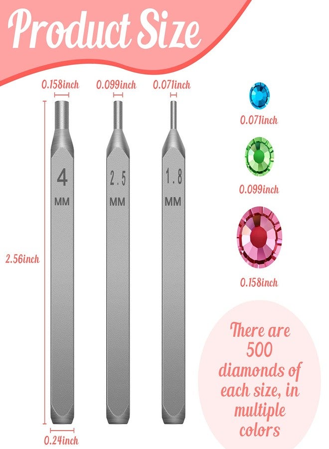 Zhehao Flat Back Crystals Setter Metal Stamping Punches Kit Includes 3 Pieces Jewelry Metal Stamping Tool for DIY, 1.8 mm, 2.5 mm, 4 mm and 1500 Pieces Multi Colored Rhinestones Crystals - Image 2