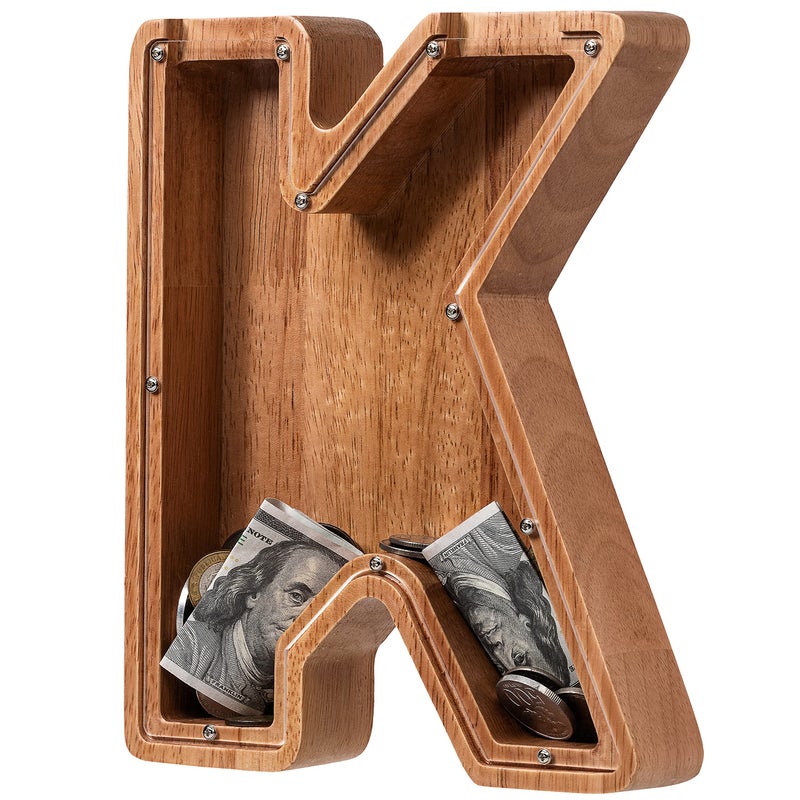 ladenk Piggy Bank for Kids Boys Girls, Wooden Large Letter Piggy Bank Alphabet Money Bank with Initial K, Coin Bank Fun Gifts for Birthday, Christmas, Festival, Baby Shower - Image 1