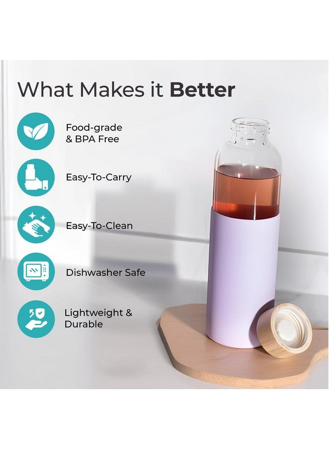 The Better Home UMAI Glass Water Bottle 550ml | BPA Free with Bamboo Lid | Leak Proof Portable Bottle for Office Gym School | Non Slip Sleeve | Purple 1 Pack - Image 2