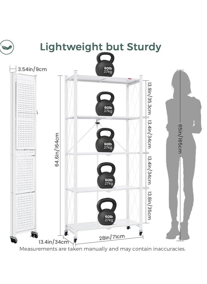 AIWANTO - 5 Tier Heavy Duty Storage Rack Foldable Kitchen Shelf For Garage Home Closet Office Organizer, Shelves on Wheels, Large Capacity Metal Shelving Units For Basement Pantry No Assembly Required White - Image 1