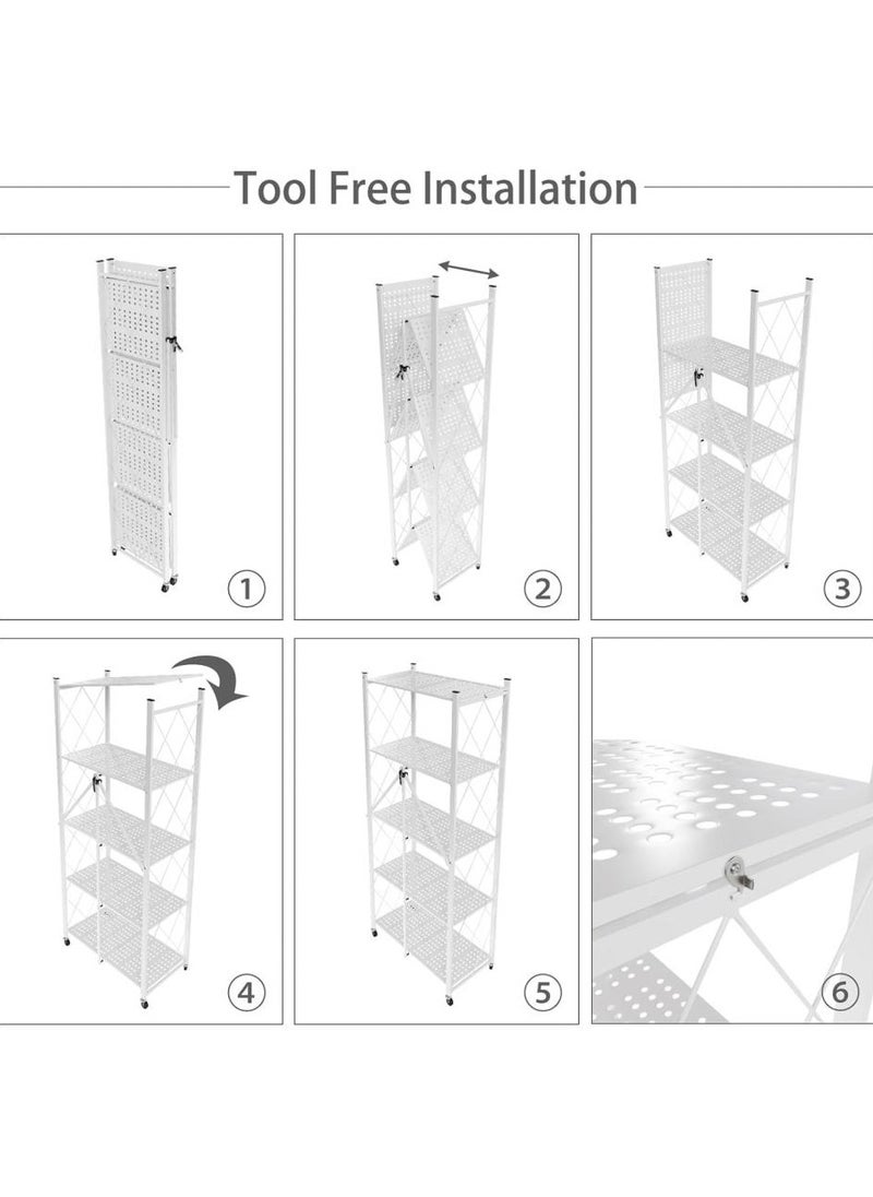 AIWANTO - 5 Tier Heavy Duty Storage Rack Foldable Kitchen Shelf For Garage Home Closet Office Organizer, Shelves on Wheels, Large Capacity Metal Shelving Units For Basement Pantry No Assembly Required White - Image 1