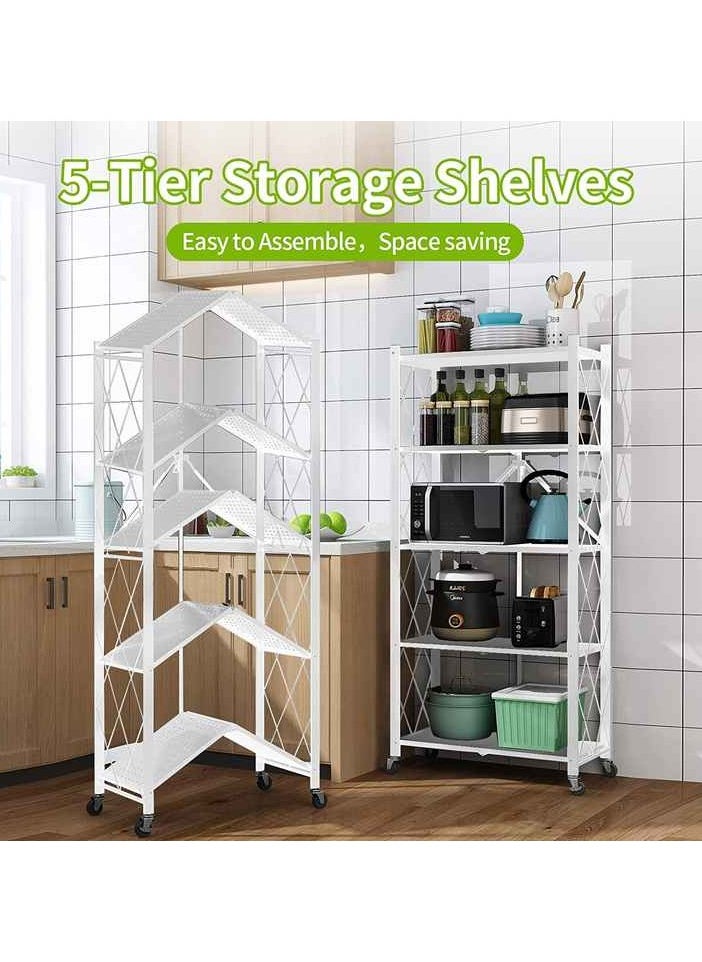 AIWANTO - 5 Tier Heavy Duty Storage Rack Foldable Kitchen Shelf For Garage Home Closet Office Organizer, Shelves on Wheels, Large Capacity Metal Shelving Units For Basement Pantry No Assembly Required White - Image 1